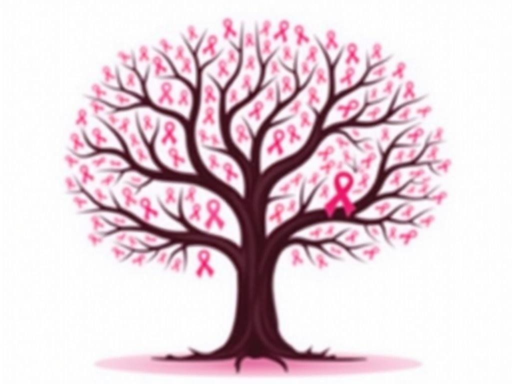 Vector illustration of a tree with a dark brown trunk and swirling branches. The tree is adorned with numerous pink ribbons symbolizing breast cancer awareness. The background is a soft gradient of white and pink, enhancing the visibility of the ribbons. The design emphasizes both the importance of the cause and the beauty of nature. Each pink ribbon is distinct and prominently displayed among the branches, creating a hopeful and supportive atmosphere.