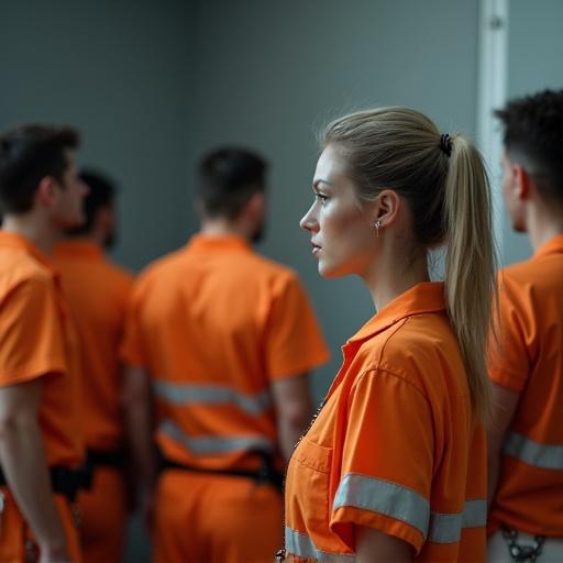 Serious female officer stands in prison. She looks at inmates dressed in orange and white stripes. Inmates are chained.