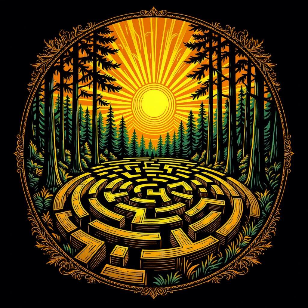 Detailed logo design featuring a 3D forest maze at sunrise. Swirling lines and intricate textures reflect Van Gogh's style. High resolution with golden ratio composition. Minimalist layout and clean contours. Stylized maze woven with sunrays through tall forest trees. Golden light breaking through a black background. Elegant linework and print-ready design with high contrast.