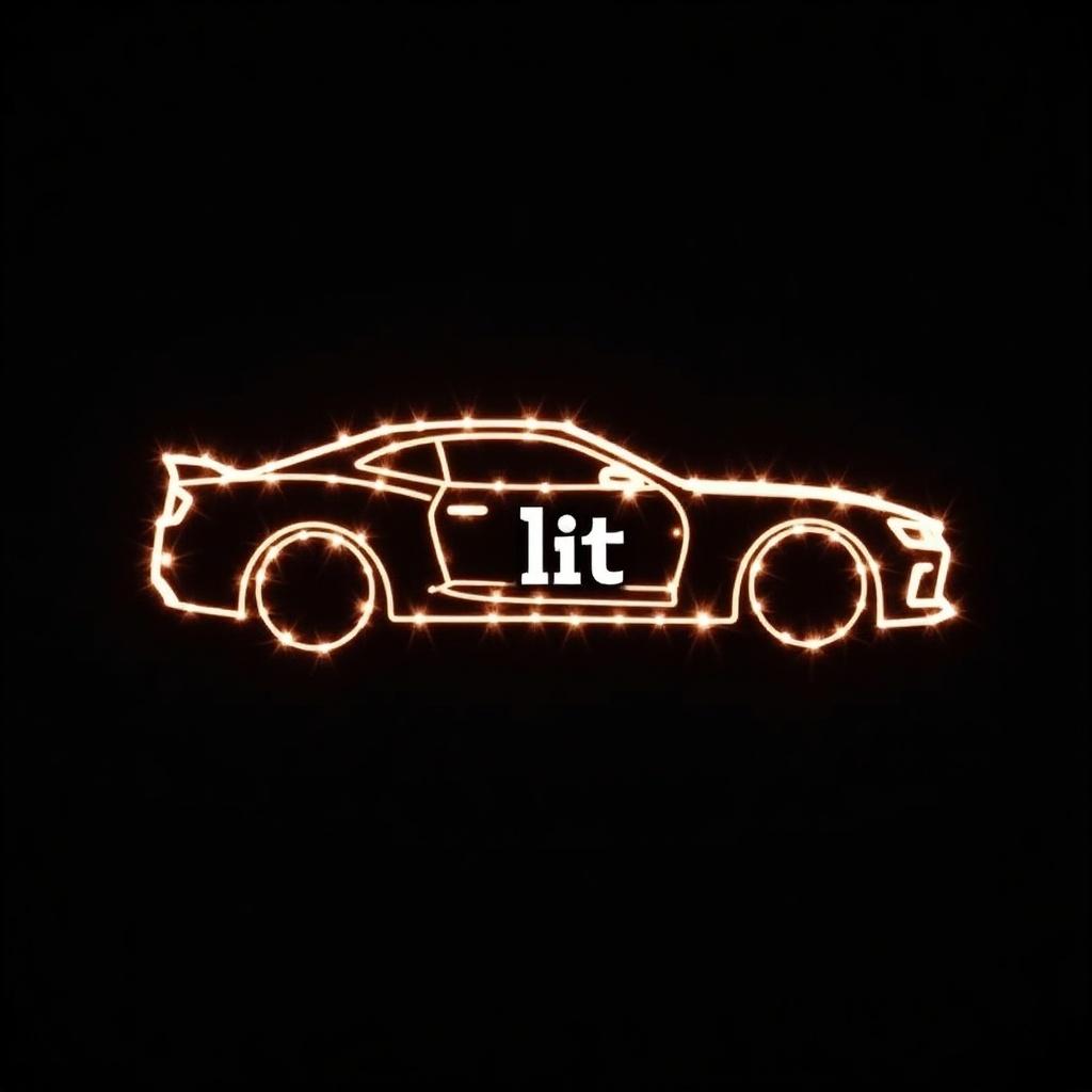 Car silhouette outlined with Christmas lights. Black background. Logo says lit. Decorative and festive. Sports car design is prominent.