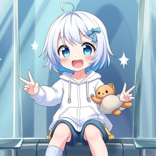 Anime girl with white hair sitting in a tunnel game. Character has blue eyes and short white hair with blue tips. She wears a white hoodie and blue shorts. Short grey socks and yellow sneakers are on her feet. She is smiling and looking forwards through glass, touching it with both hands while holding a teddy bear under one arm.