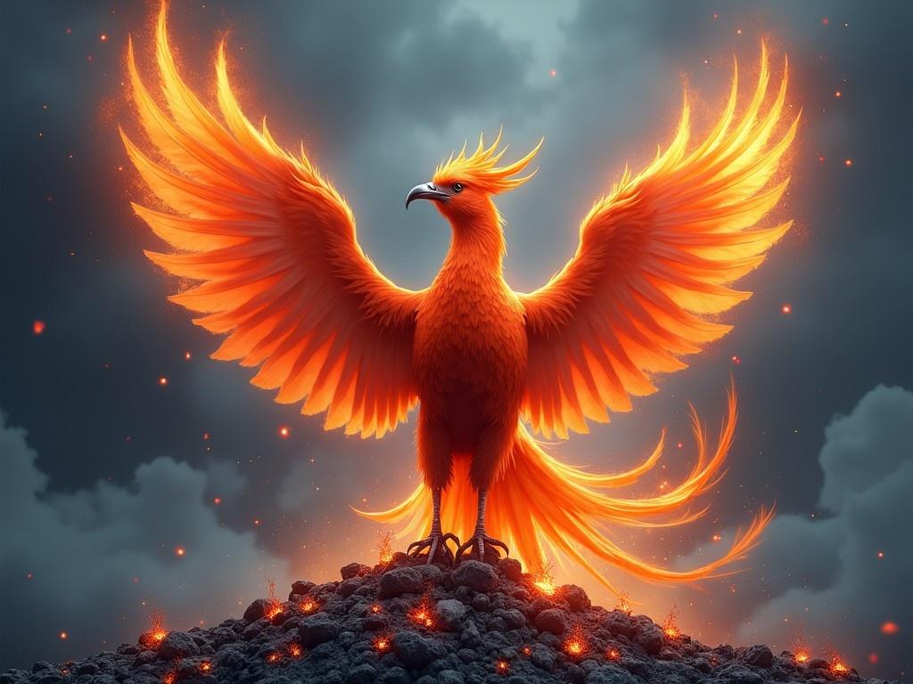 A phoenix rises majestically from a mound of ashes, with its vibrant orange and fiery wings stretched wide. The background is dark and stormy, representing struggles and challenges. Surrounding the ashes are words like 'failure,' 'fear,' and 'setback,' emphasizing what the phoenix has overcome. The scene captures the essence of rebirth and resilience, showcasing how growth comes from adversity. The phoenix embodies hope and strength, inspiring viewers to rise above their own challenges.