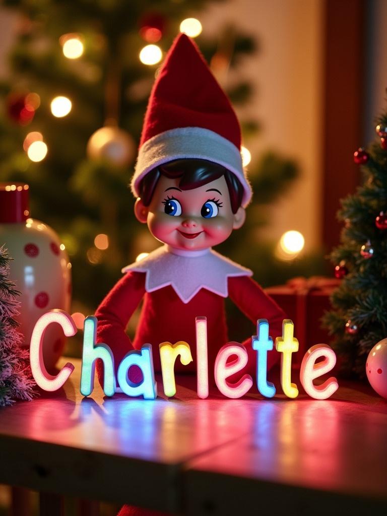 A cheerful elf on the shelf in a vibrant Christmas scene. The elf has a red and white outfit. The elf joyfully writes the name 'Charlotte' in colorful letters. Surrounding decorations include a decorated tree and twinkling lights. The background has a warm inviting atmosphere. This scene captures the essence of Christmas magic.