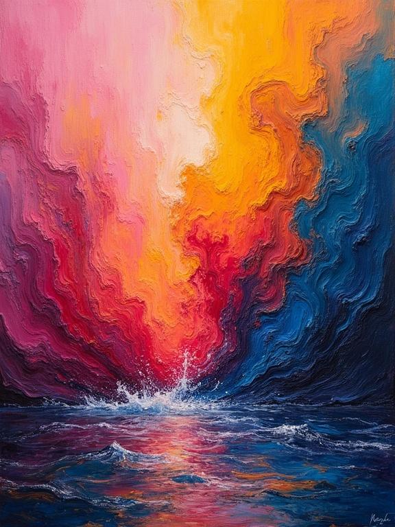Wild explosion of color with coral pinks indigo and mustard yellows. Thick impasto waves and bold palette knife sweeps. Deep sculpted texture like paint lava erupting from a canvas. Emotional abstraction in an expressionist style. Maximalist color theory in an 8k masterpiece.