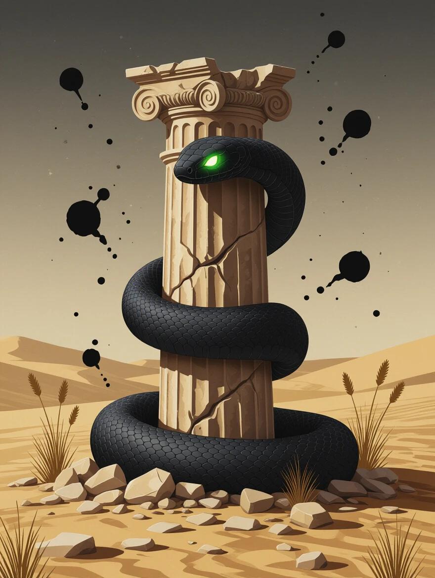 A giant black snake with glowing eyes coils around a ruined pillar. Surrounding floating ink blot symbols and scattered debris create a mystical desert setting. Dry grass and abstract ink flora add detail. The overall feel is surreal and dark fantasy with heavy ink textures and a minimal background.