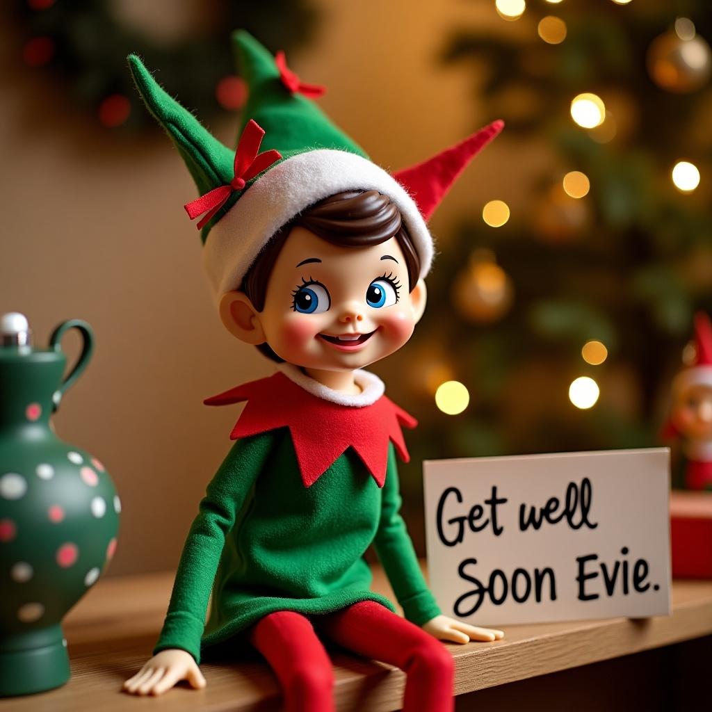 Elf character wearing red and green clothes. Message says get well soon Evie. Festive decoration. Eye-level view.