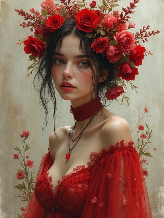 Portrait of a woman in a floral headdress. She has red roses in her hair. The woman wears a red, sheer garment. Her skin looks flawless. She gazes softly at the viewer. The background has pale colors and floral motifs.