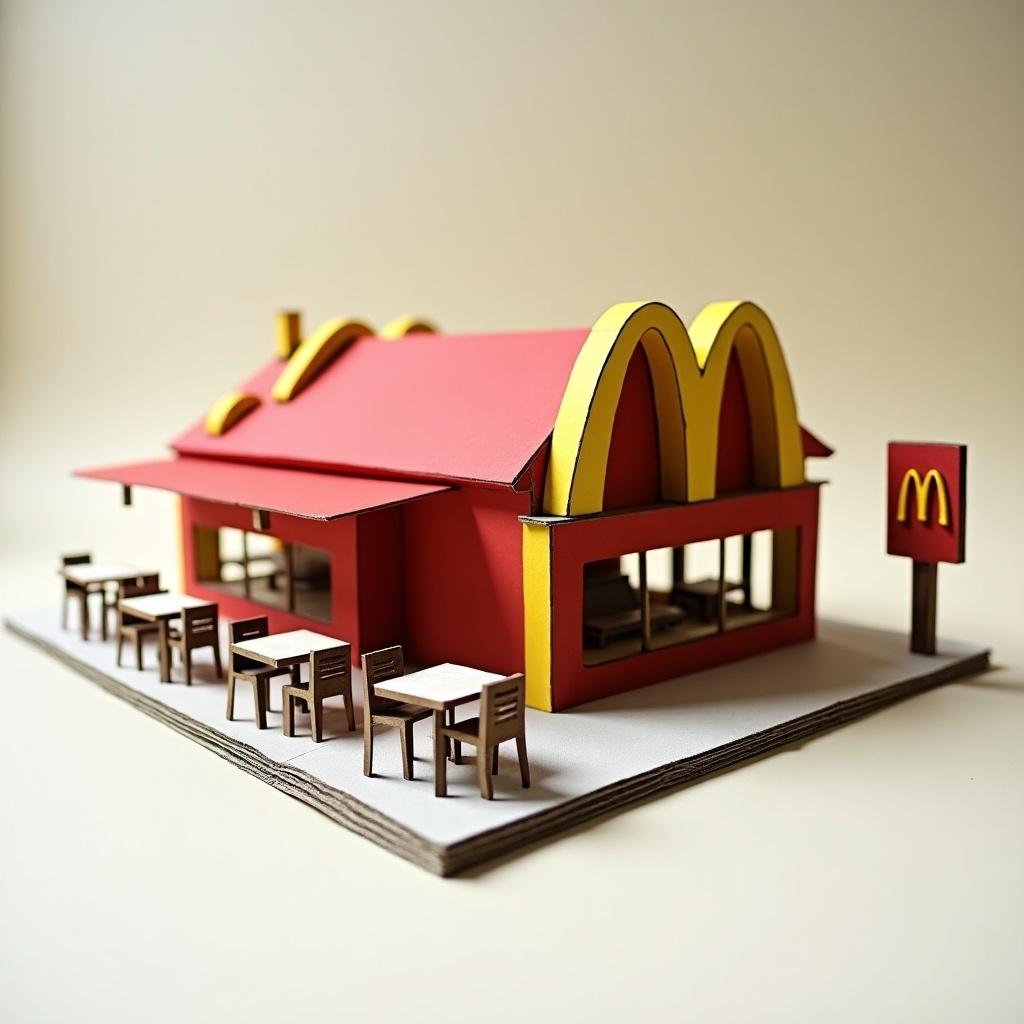 Scale model of a McDonald's restaurant made from paper and cardboard. Features iconic golden arches and red color scheme. Includes details like tables and chairs for outdoor dining. Highlights crafting and model-making. Simple yet effective presentation.