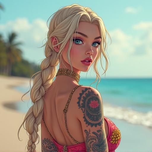 Anime inspired character in Miami beach. Woman has oversized light blonde braided ponytail. She wears modern bohemian streetwear. Tattoos display traditional Japanese art. Bright sunny day by luxurious amusement park. Summer vibes visible in the scenery. Character showcases strong physique.
