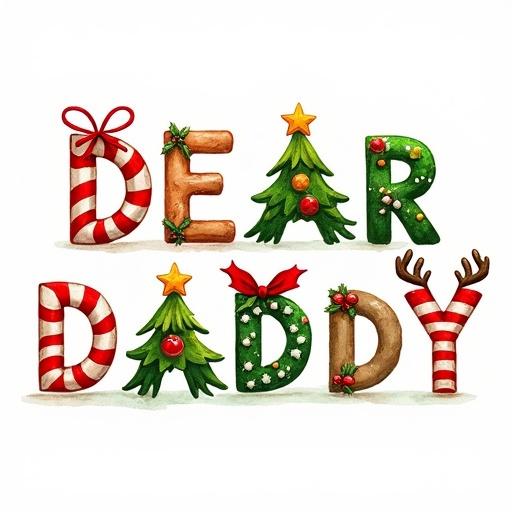 Festive colorful design with the words DEAR DADDY crafted from Christmas elements. Each letter styled uniquely. Letter D shaped like red and white candy cane. Letter E has green and white stripes. Letter A shaped like Christmas tree with ornaments. Letter R resembles a cheerful reindeer with antlers. Second D mirrors the first. Second A is another green tree. Y letters decorated with red and green accents. One Y has a sprig of holly. Vector watercolor on white background.
