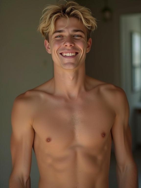 young man with playful smile. blond, toned abs, shirtless, joyful expression. ideal for social media sharing.