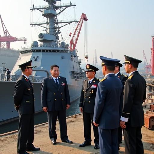 Military leaders gather at shipyard by Choe Hyon-class destroyer under repair. They inspect ship and discuss repair plan with specialists. The area is busy with cranes and tools.