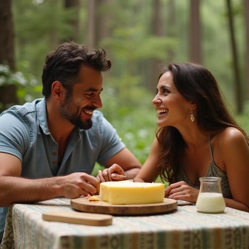 A man and woman enjoying cheese together at a table. There are elements for a cheese tasting. The setting is a spring countryside.