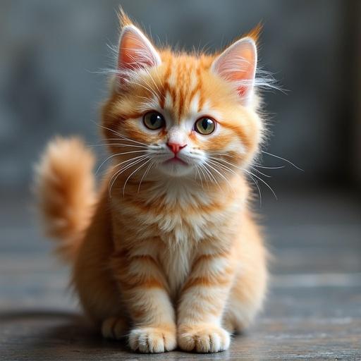 A fluffy orange Ragdoll cat with large eyes sits on a wooden floor indoors. The soft fur contrasts with a blurred background.