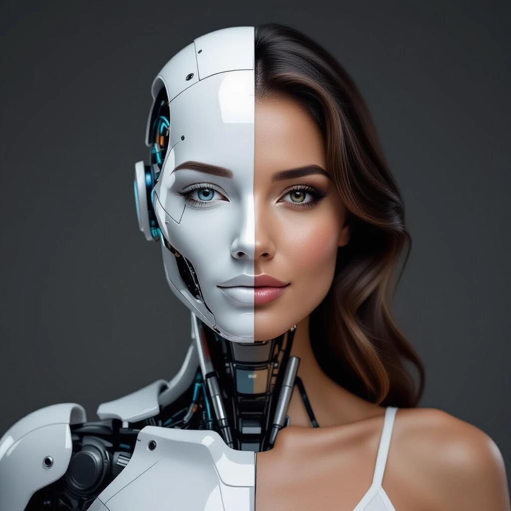 A face that is half woman and half robot is shown. Contrasting features between artificial and natural. Modern and futuristic design. Clean lines and blended materials.