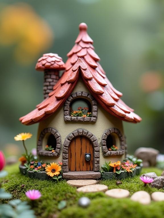 Colorful tiny fairy house created with 3D printing. It features a red shingled roof, stone details, and a flower garden. Designed for whimsical and playful environments.
