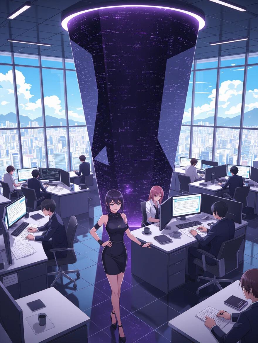 Anime on futuristic office design. Setting in Rio de Janeiro. A large black structure dominates space. Employees are engaged in work at modern desks. High-tech environment reflects summer morning light. Richly dressed figures highlight corporate culture.