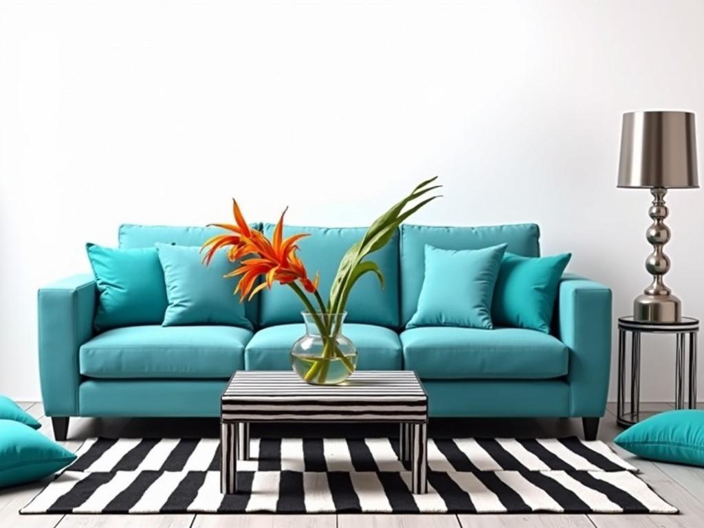 The image depicts a modern and stylish living room setup. In the center, there is a large, aqua blue sofa adorned with square cushions of the same color. A glass vase with vibrant tropical flowers sits on the black and white striped coffee table in front of the sofa. The floor features a chic striped rug that contrasts with the furniture. To the side, a sleek metallic lamp stands on a small side table, adding to the contemporary aesthetic. There are scattered aqua blue cushions on the rug, suggesting a relaxed atmosphere. The walls are plain white, providing a clean backdrop to the colorful decor.