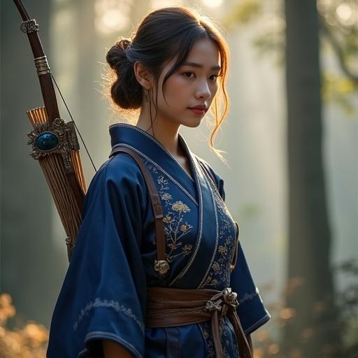 A 25-year-old female senior scout named Clarisse wears a deep indigo kimono-inspired outfit made of silk fabric with cherry blossom embroidery. She has a dark indigo leather arm guard and a matching shoulder guard. A curved leather breastplate is present. A necklace with a lapis lazuli pendant is worn. The background shows a misty forest with sunlight filtering through trees. She carries a polished dark wood longbow slung across her back. Her chestnut brown hair is styled with a kanzashi hairpin.