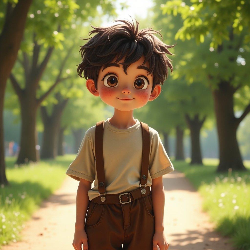 10 year old boy with dark brown hair and freckles wearing baggy clothes in a park setting.