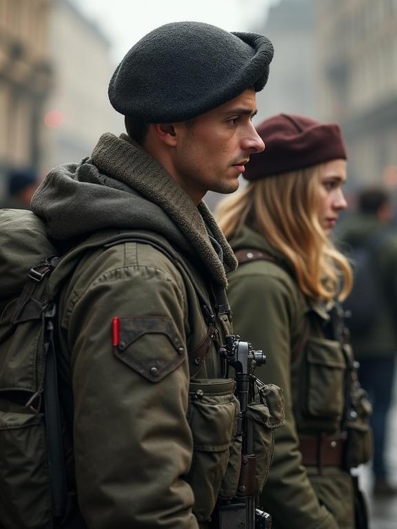 Photorealistic full figure shot of young Cold War Russian male soldier with dark hair and a young female soldier with blonde hair. Bright natural lighting creates depth.