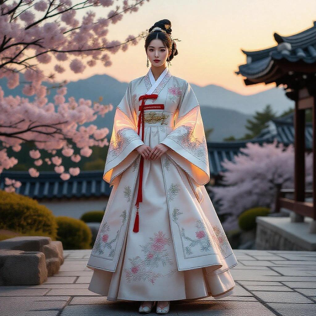 A stylish figure wears a luxurious hanbok made of glowing silk with intricate embroidery. The scene is set in a traditional Korean palace garden during sunset. The attire combines timeless elegance with subtle futuristic elements. The background showcases blooming cherry blossoms, tiled rooftops, and misty mountains. The atmosphere evokes a cinematic and dreamlike essence of hanbok haute couture.