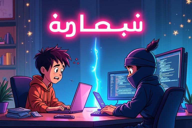 Arabic phrase 'من مبتدئ إلى نينجا برمجة' in glowing neon style. Left side shows a beginner programmer looking confused with a messy laptop. Right side features a confident coding ninja at a high-tech workspace. Background combines dojo and programming elements. Cartoon style with vibrant colors.