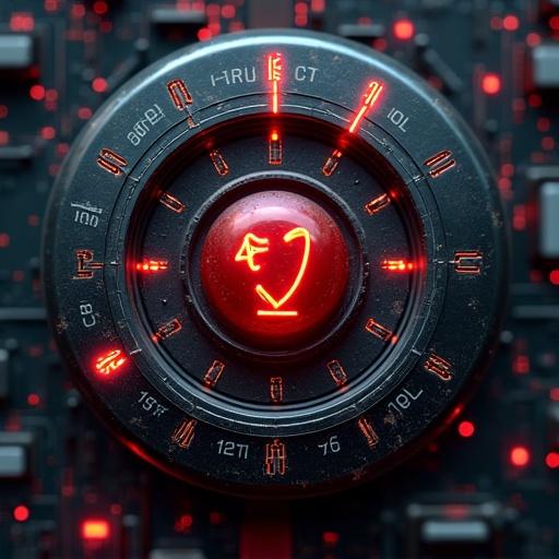 Image depicts a sophisticated control dial with glowing red elements. The design incorporates a futuristic aesthetic with detailed engravings. Focus on cybernetic features. Ideal for visuals related to cybersecurity.