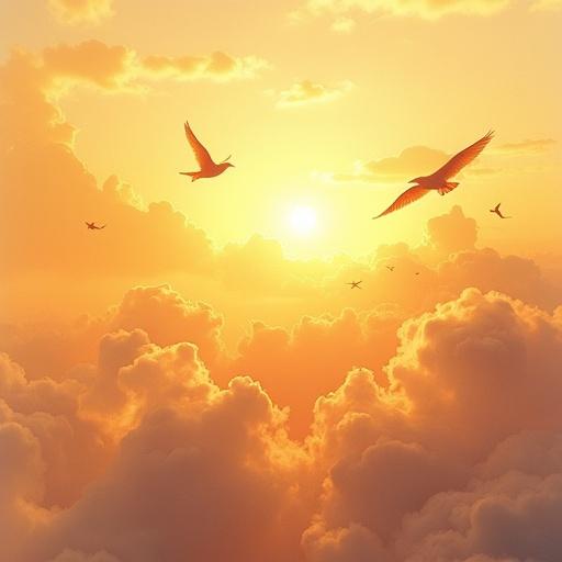 A flock of glowing birds soaring across a morning sky. Clouds are melting into gold. Watercolor style. Radiant mood. Fluid gradients with soft transparency and light-saturated washes.