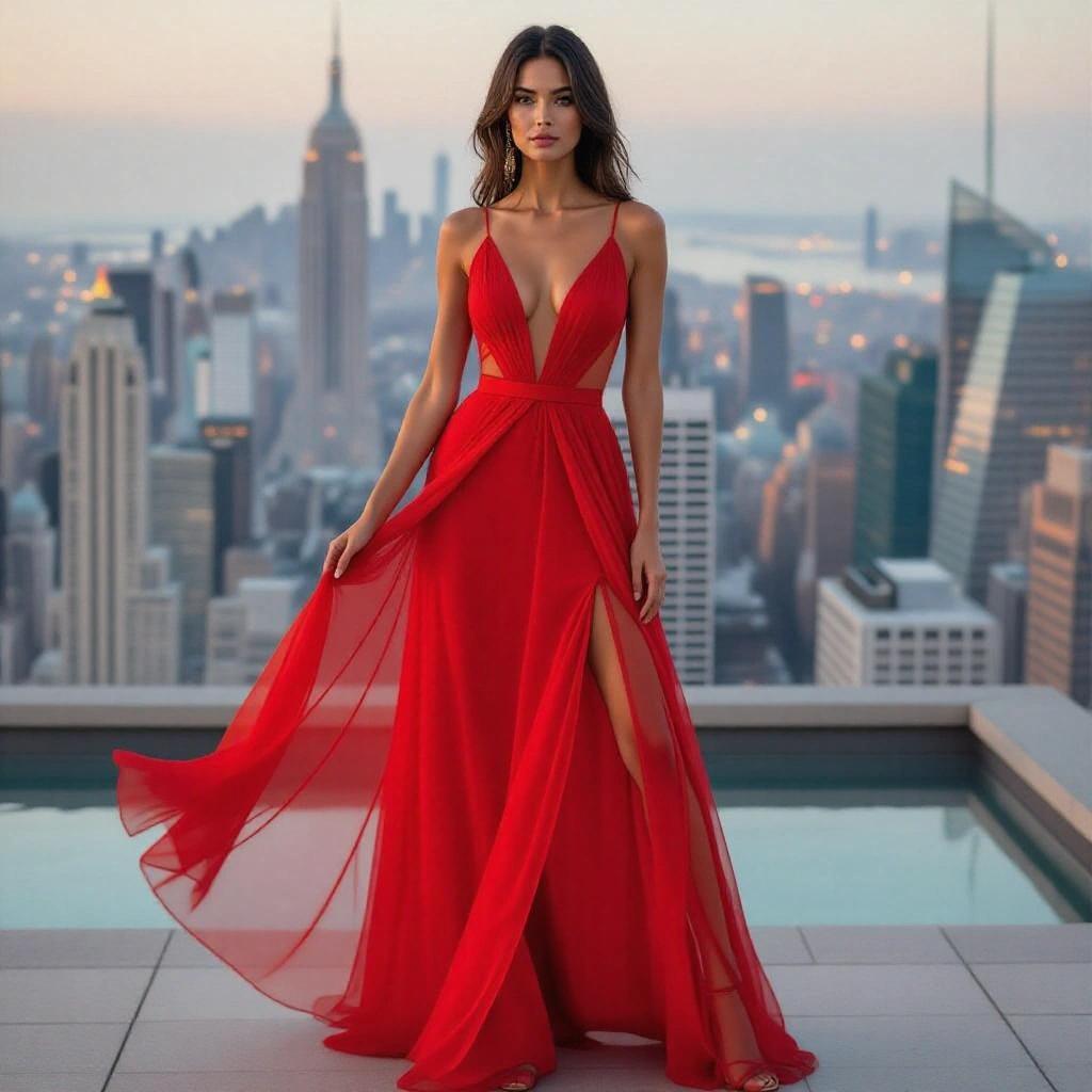 A woman wears a crimson sheer dress. The dress has a deep neckline and flows gracefully to the floor. She stands confidently with a soft expression.