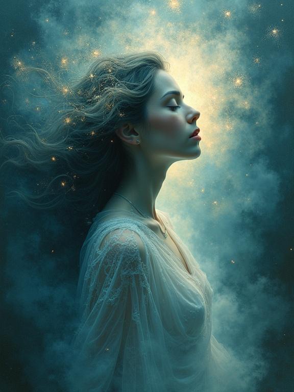 Surreal mystical scene of a woman in a dreamlike setting inspired by old master oil techniques. Use layering for luminous depth with light passing through translucent layers to create spiritual dimension.