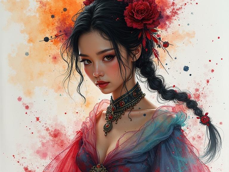Portrait of a fantasy belly dancer, watercolor painting style, created by famous artists, featuring deep and vivid colors in a manga illustration style