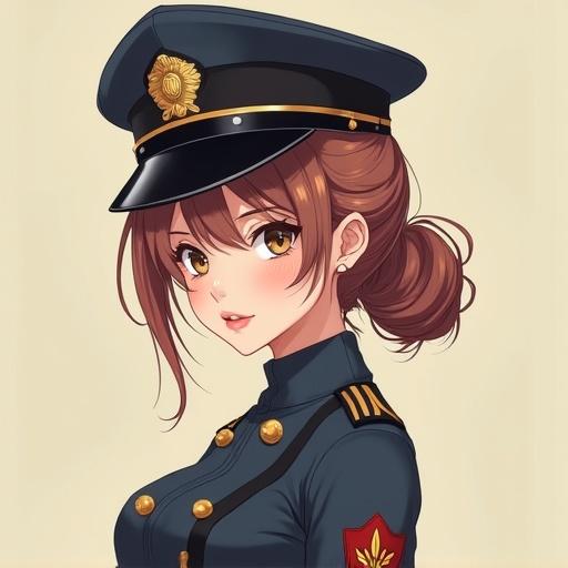 Image features a woman wearing a colonel's military uniform in anime style. The artwork is cell shaded with a soft color palette.