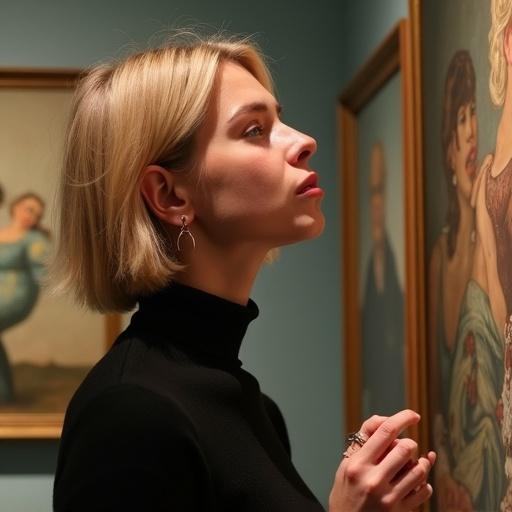 24-year-old French art student observes a painting in a Paris gallery. Blonde hair in choppy bob. Small nose ring. Vintage turtleneck. Hands clasped behind back. One finger taps rhythmically. Gallery spotlights highlight her nose and cheeks. Lips pursed in concentration. Artwork in background, soft shadows, 85mm lens.