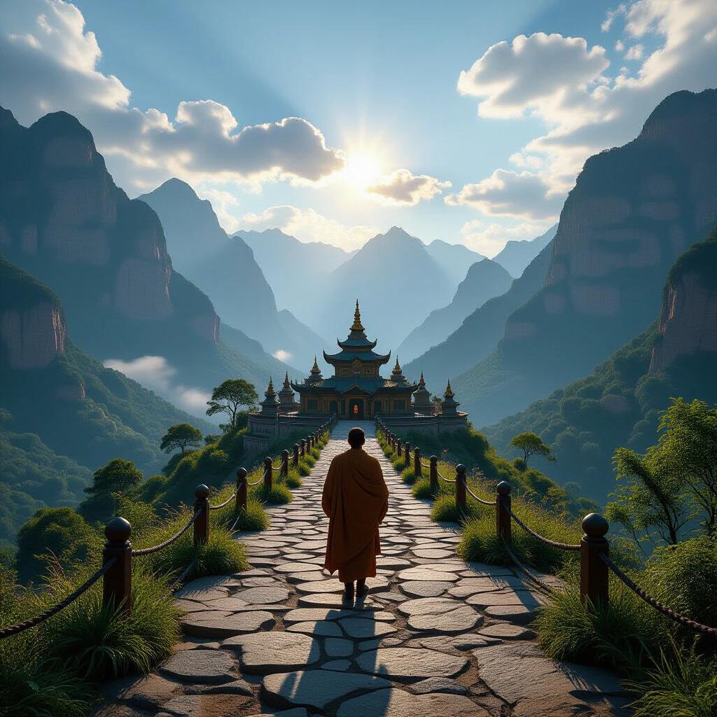 A serene moment captured during a pilgrimage. A monk walks along a stone path leading to a stunning temple. Majestic mountains surround the area. Soft sunlight shines from the horizon. Lush greenery enhances the tranquil atmosphere.