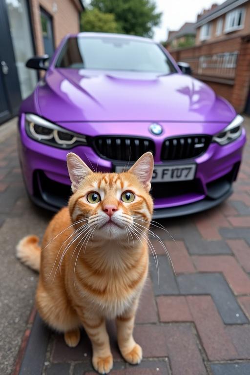 A cat in front of a purple BMW M4 stands proudly. The car is parked in a residential area. The cat gazes into the camera, capturing a joyful moment together with the luxury vehicle.
