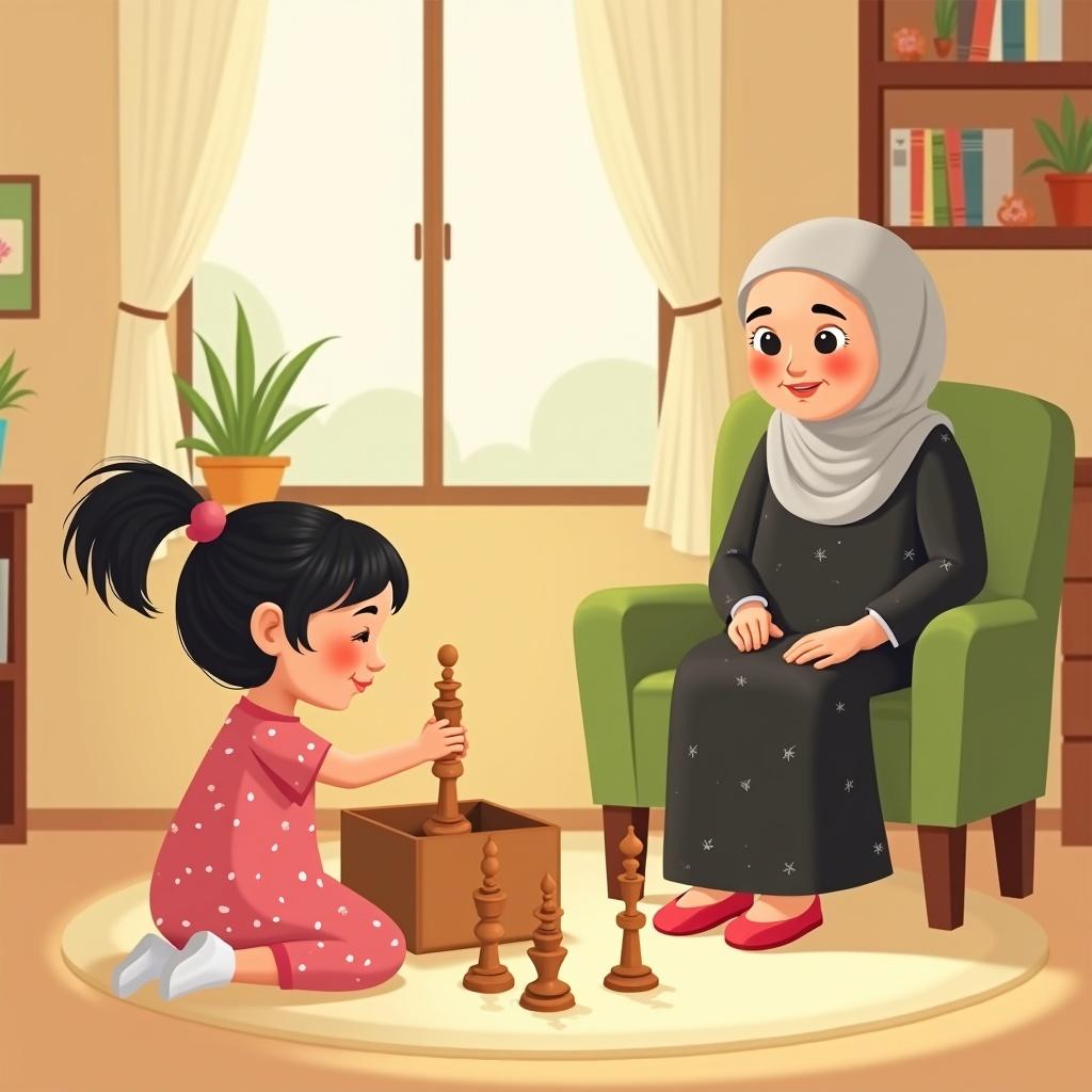 A warm cartoon illustration of a girl and grandmother playing together. The girl with short black hair in a ponytail is in a pink dress with white polka dots. She sits on the floor in front of a wooden box taking out wooden pillars. The grandmother in a green armchair wears a black dress and light grey hijab. The room features off-white curtains, a cozy rug, and a sunny window with a plant.