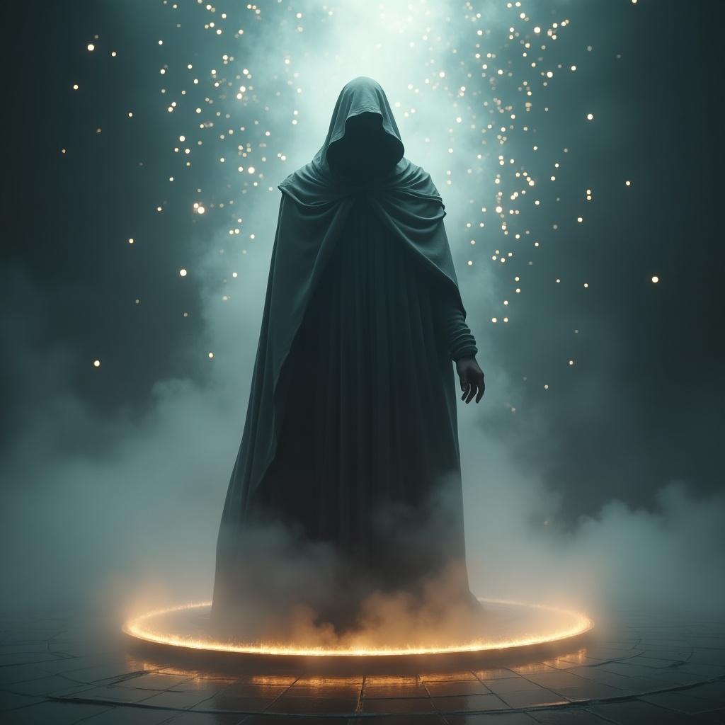 A mysterious cloaked figure stands solemnly on a glowing circular platform in an enchanting setting. Surrounding the figure is a dense mist, giving it an otherworldly presence. Sparks of light float down from the darkness above, illuminating the scene with a magical glow. The figure, shrouded in a dark cloak, evokes a sense of intrigue and power. This image captures the essence of fantasy and mysticism, inviting viewers to explore its narrative.