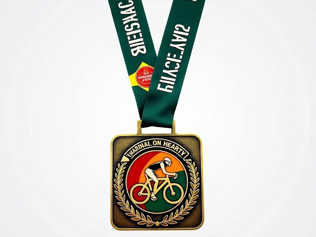 The image showcases a gold medal designed for a cycling event. It features an illustration of a cyclist in action, surrounded by a laurel wreath, symbolizing victory and achievement. The medal is suspended from a green ribbon, which has text that likely relates to the event's name. The color scheme includes vibrant hues of green, red, orange, and gold, creating an eye-catching effect. This medal signifies accomplishment in a cycling competition, making it an ideal representation of athletic success.