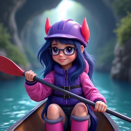 Human girl with navy-blue hair and pink and purple stripe canoeing in an underground river. Wearing a purple life-jacket and hardhat. Dressed in pink and purple tracksuit and wellington boots. Scene set in a cave during a geography field trip.