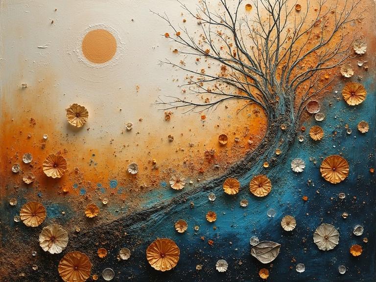 Mother Nature is depicted through a textured mixed media collage featuring a tree and colorful elements. Unique materials such as newspaper, jute fibers, and glittering confetti are used. The composition includes luminous colors and displays a sense of depth that evokes emotion. The artwork feels magical and stunning with a layered appearance. Appropriate lighting enhances the overall look.