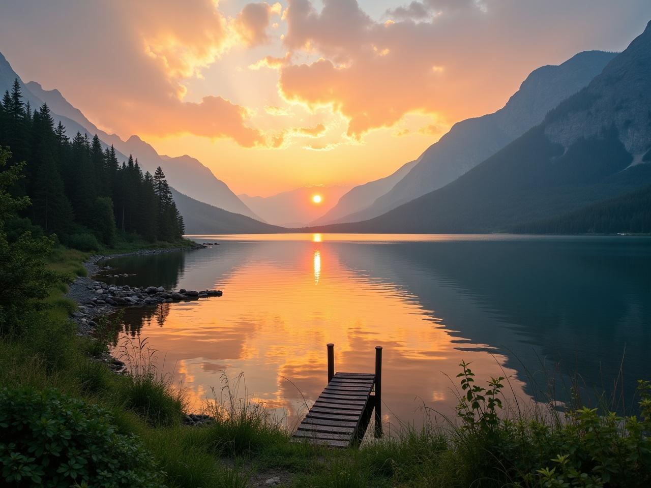 The image features a serene landscape at sunset. A tranquil lake is surrounded by majestic mountains, with the sun setting behind them. Warm peach and yellow hues light up the sky, creating a beautiful reflection on the water. Wisps of clouds catch the light, adding depth to the scene. Lush greenery lines the shoreline, enhancing the peaceful atmosphere. A small dock extends from the shore, inviting fishing and relaxation.