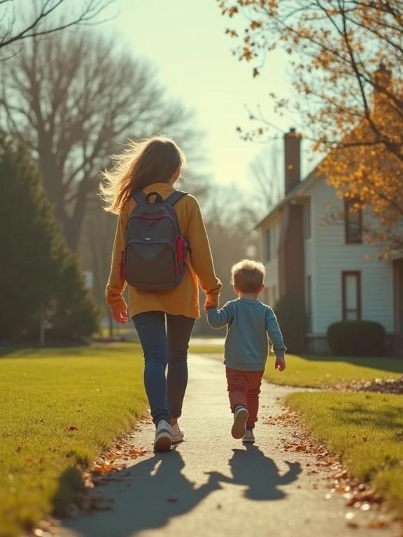 A mother walks home with her young son in a suburban setting. The scene captures a candid moment of connection. The sun shines bright in a clear sky. The green grass frames the sidewalk they walk on.