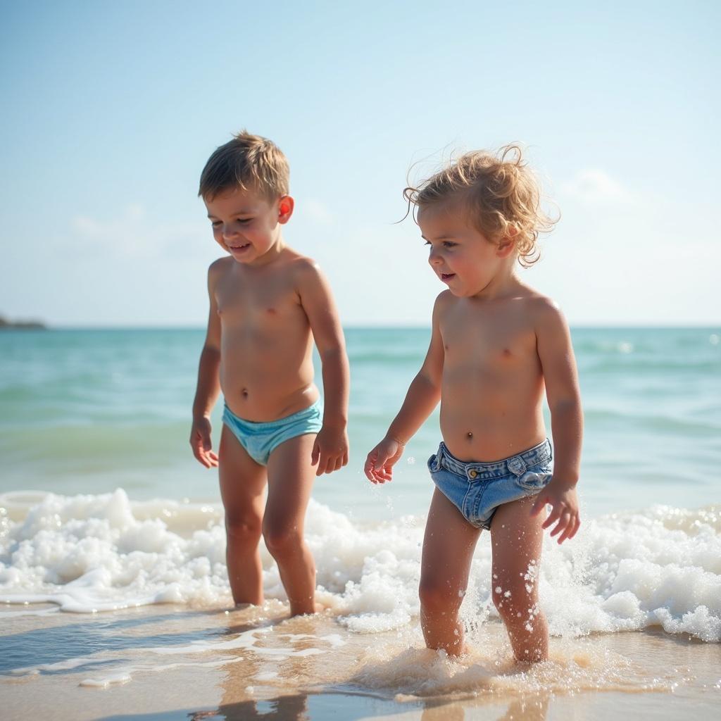 Two children enjoying their time at the beach. They are standing in shallow water with playful expressions. One child is wearing blue swim shorts and the other in denim shorts. Bright sunny day and blue sky in the background.