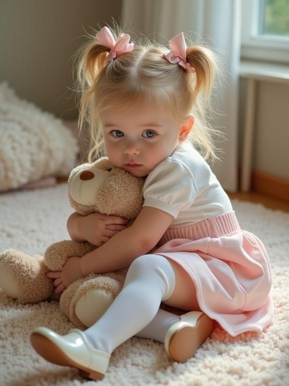 Young girl with twin tails styled with satin bows hugs stuffed animal on a pastel rug in a cozy setting. She wears a fitted white crop top and a high-waisted pink skirt with thigh-high socks and shiny shoes. Gentle lighting enhances her quiet expression as she gazes at the camera.