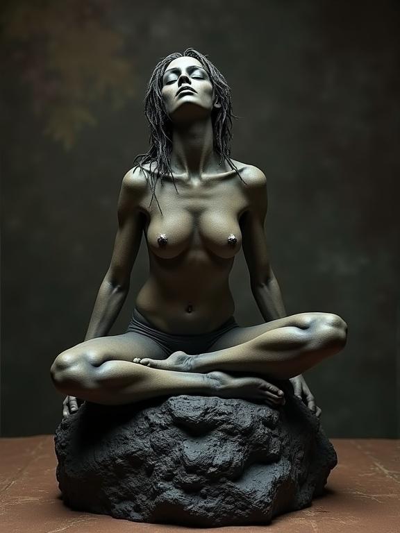 Sculpture depicts a yoga goddess in a nude pose on a lava stone base. The piece portrays a mysterious vibe with gritty textures. Fantasy art style emphasizes the ethereal quality.