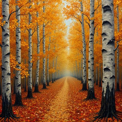 A scenic pathway lined with birch trees adorned in vibrant amber autumn leaves. The ground is covered in a mosaic of fallen leaves resembling a carpet. Tree bark appears to have Byzantine patterns interlaced with golden hues. The atmosphere is serene and inviting for a nature walk.