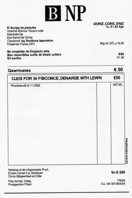 Document from BNP Banque showing payment proof. Receipt directed to filippo.dinardoww@gmail.com. Design features BNP branding. Clear layout with bold text. Total transaction amount is €50.