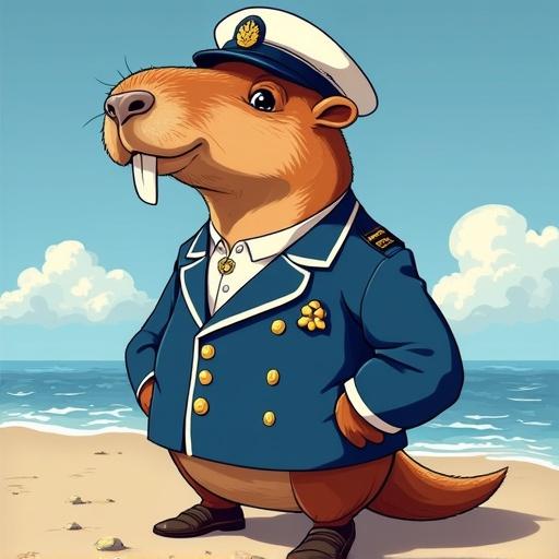 Capybara character wearing blue and white naval uniform, white hat. Standing on beach with sea in background. Looking left and saluting with right hand.