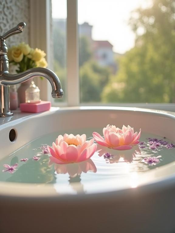 Close-up view of a bathroom sink. Clear water with pink and pale yellow blossoms floating. Purple flower petals scattered. Bright sunlight shines through a window. Silver faucet on the side with soap and a glass bottle nearby. Green trees and buildings visible outside.